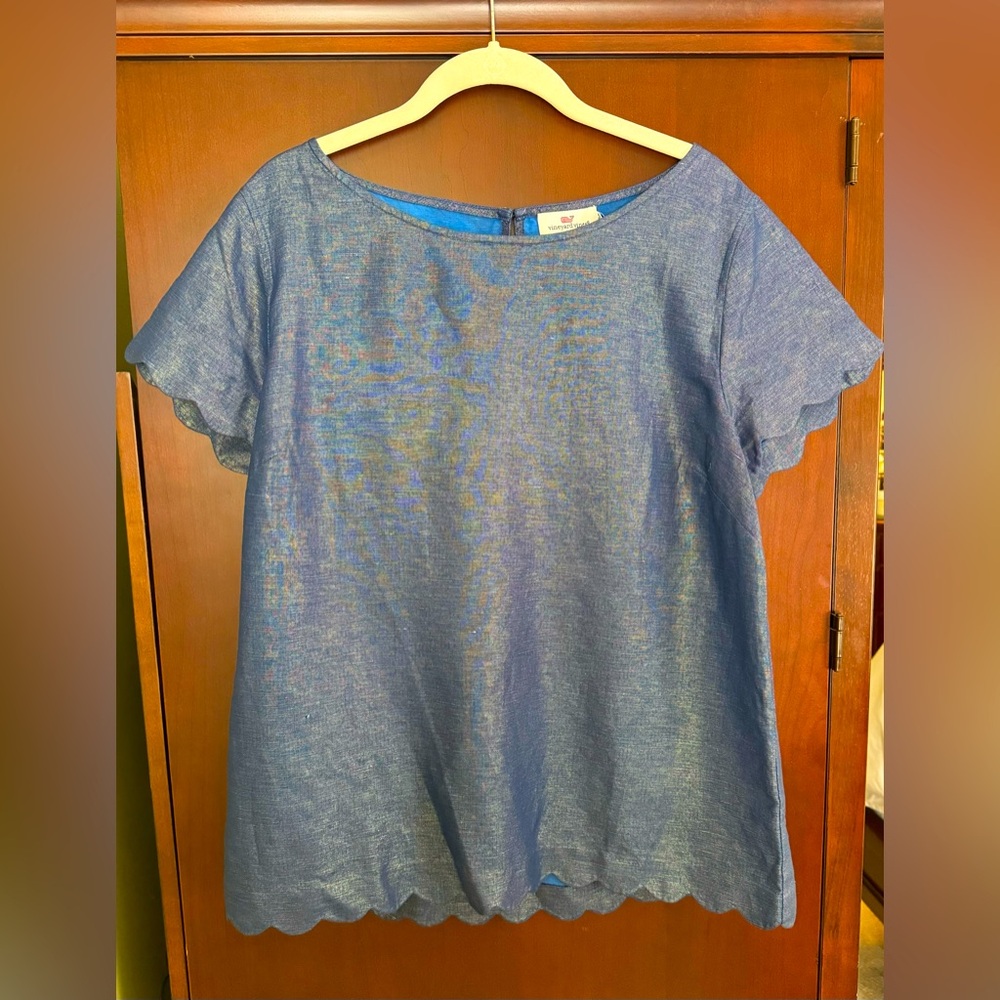 Vineyard Vines Shimmery Blue Short Sleeve Scalloped Top
